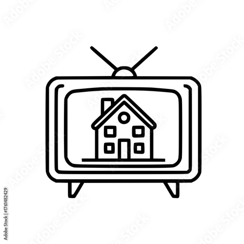 Classic TV themed icon showing house inside screen for cozy living and residential design