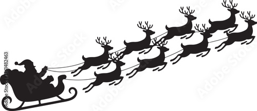 Graphic silhouette of Santa flying in sleigh harnessed with nine reindeers