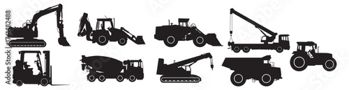 construction vehicles lined up depicted as black
