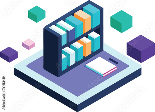 Isometric futuristic digital library illustration vector eps scalable technology books archive data