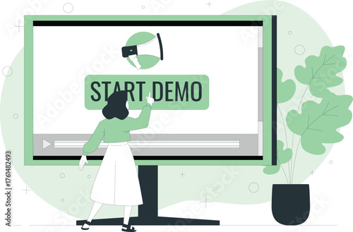 Person pointing at computer screen with start demo button and megaphone icon vector illustration