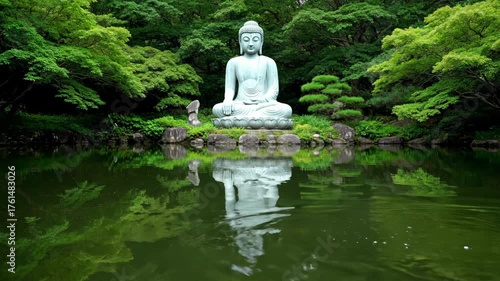 Serene Meditating Buddha Statue and its Perfect Reflection in a Tranquil Pond Amidst a Lush Green Forest.
