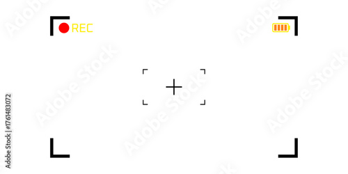 Video camera viewfinder frame with blank recording screen. Camera viewfinder HUD with focus crosshair, REC dot and battery icon, black red yellow  vector illustration 