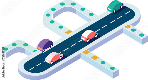 Futuristic isometric highway illustration with cars and lights scalable vector graphic