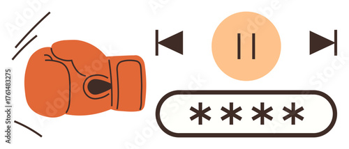 Boxing glove in action next to media buttons and a password field, symbolizing security, access, and digital conflict. Ideal for technology, security, media control, conflict resolution, digital