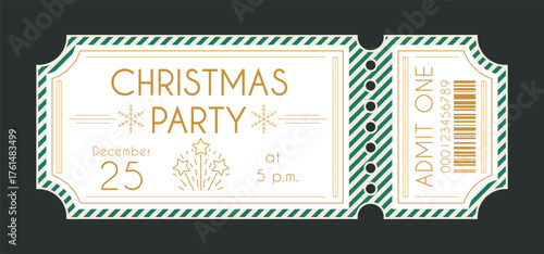 Christmas party ticket template. Festive background with holidays items. Layout includes sample text, date, time and number. Admit one ticket for organizing and promoting holiday events and cozy magic