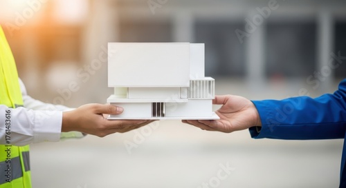 Two people hands holding white architectural model building outdoors building model