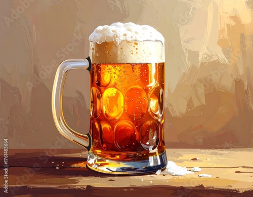 Digital painting of a filled glass mug. The golden amber liquid is topped with a thick, foamy head on a wooden surface