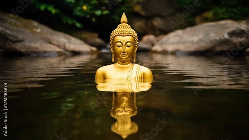Serene Golden Buddha Statue Meditating in a Tranquil Forest River with a Calm Reflection