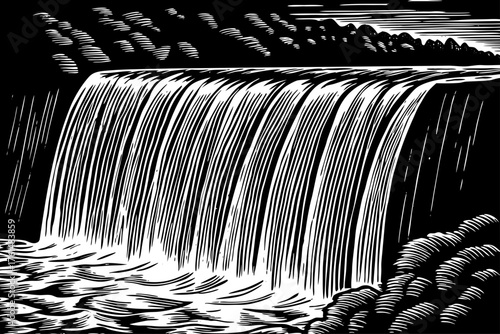 Abstract geometric outline of a waterfall, where the water flow is represented by clean, parallel lines