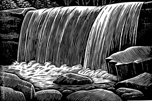 Abstract geometric outline of a waterfall, where the water flow is represented by clean, parallel lines