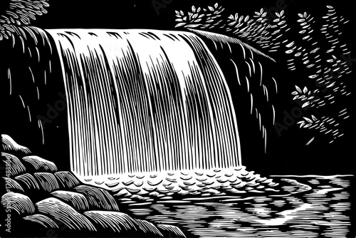 Abstract geometric outline of a waterfall, where the water flow is represented by clean, parallel lines