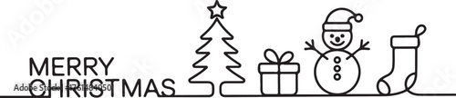 Linear style design for winter holidays with Christmas tree, gift box, snowman and stocking
