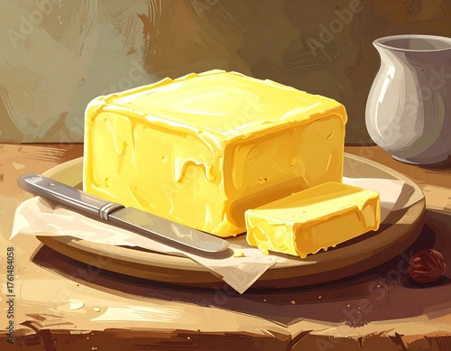 Digital painting of a large brick of yellow butter on a wooden plate, accompanied by a knife and ceramic jug