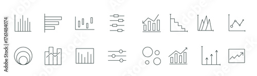 Growing bar graph line icon set. Business graphs and charts icons, line charts, finance report, income growth, economy statistic, gantt diagram, infographic, bar charts, pie charts