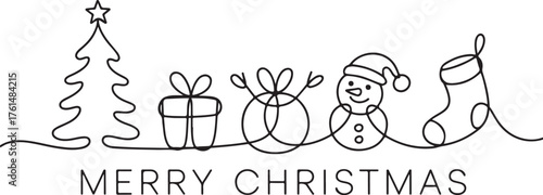 Linear style design for winter holidays with Christmas tree, gift box, snowman and stocking