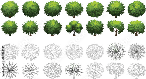 Tree top view collection, green foliage, landscape design, architectural plan, garden layout, detailed tree shapes, cad drawing flat vector illustration, top view trees