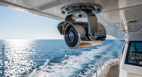 Luxury yacht security camera overlooking the ocean, suitable for surveillance, boating safety, maritime security, or yachting industry. Ideal for travel and vacation ads.