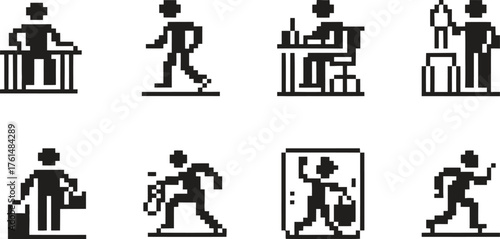 Collection of eight black and white pictograms representing various human activities and professions