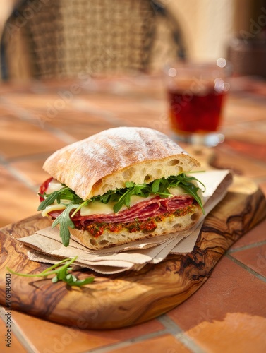  Delicious Italian sandwich on ciabatta bread with salami, cheese, pesto, and arugula on a wooden board outdoors in natural light