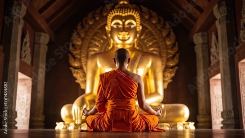 Serene Meditation: A Monk in Deep Contemplation Before a Majestic Golden Buddha Statue