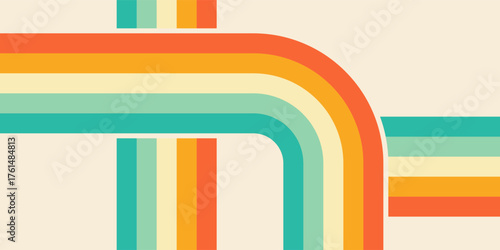 Abstract conceptual design featuring groovy retro stripes and curved lines on a vintage color palette background