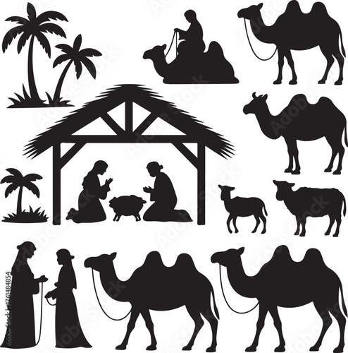 Merry Christmas and holy family concept represented by icon set figures. Silhouette and flat illustration
