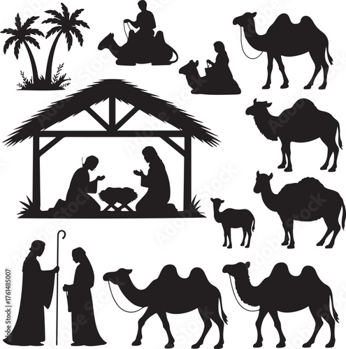 Merry Christmas and holy family concept represented by icon set figures. Silhouette and flat illustration