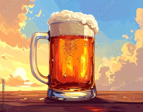 Digital painting of a large, full mug of amber-colored beverage with frothy foam, set against a sunset sky