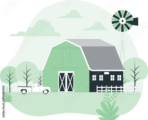 Farm Scene with Barn, Windmill, and Pickup Truck rural