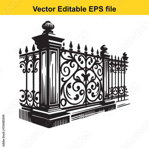 Vector art of ornate wrought iron fence with decorative scrollwork and pillars