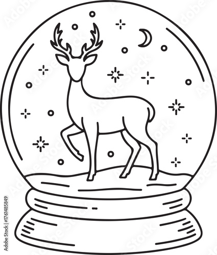 One continuous line drawing of Christmas snow globe with reindeer. Magic glass ball for winter xmas holiday concept in simple linear style. Editable stroke. Doodle vector illustration
