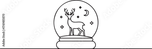 One continuous line drawing of Christmas snow globe with reindeer. Magic glass ball for winter xmas holiday concept in simple linear style. Editable stroke. Doodle vector illustration