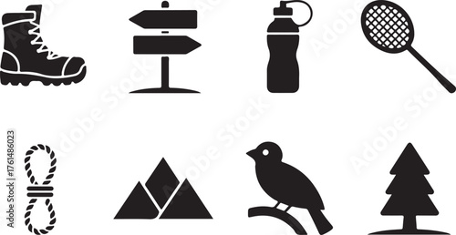 Outdoor adventure solid icons – silhouette style hiking, camping, and nature symbols for explorers, hiking boot, trail sign, water bottle, net, climbing rope, mountain, bird, tree