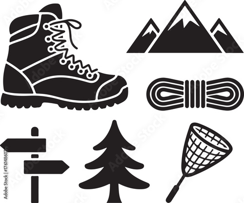 Outdoor adventure solid icons – silhouette style hiking, camping, and nature symbols for explorers, hiking boot, trail sign, water bottle, net, climbing rope, mountain, bird, tree