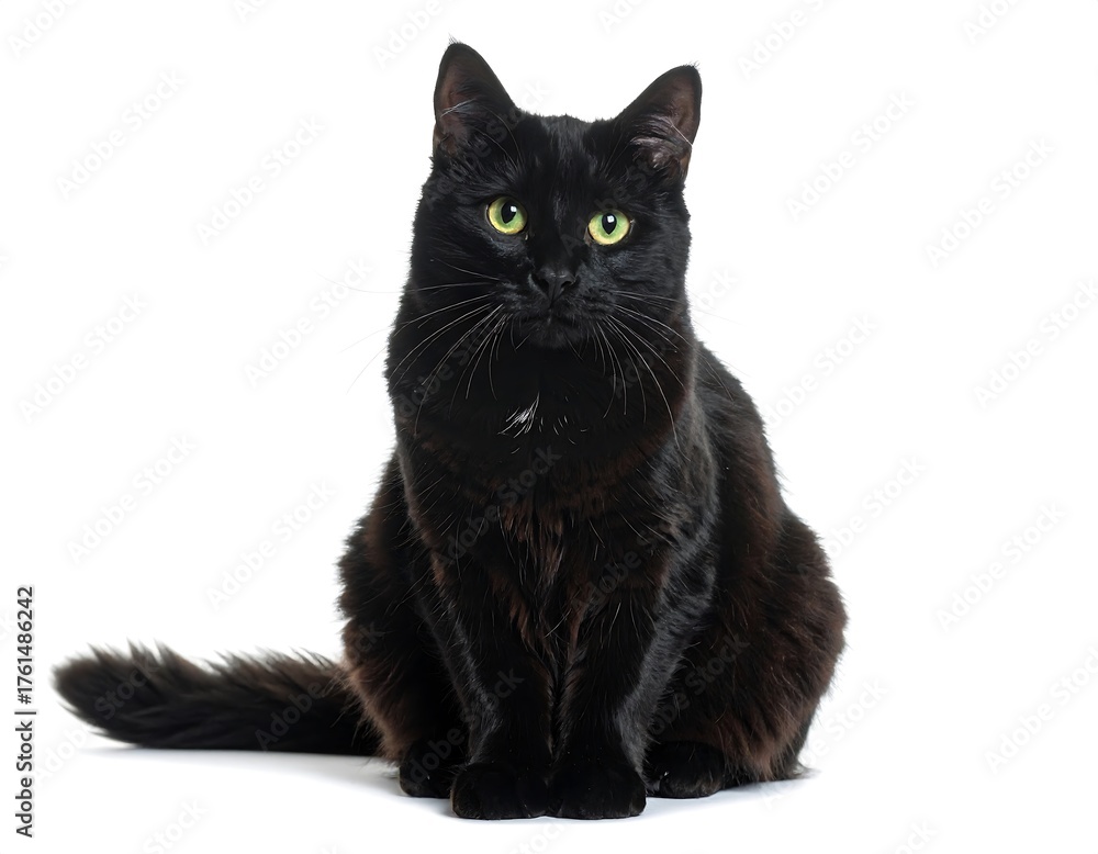 Obraz premium Full-length portrait of a sleek, black cat with vibrant green eyes sitting attentively. The feline is isolated against a clean, white background, its fur is detailed