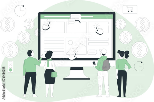 Diverse Group of People Interacting with a Large Computer Screen Displaying Web Content online shopping