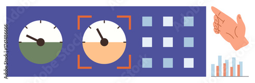 Control panel with two round gauges, grid of buttons, rising graph bars, and hand gesture pointing at data. Ideal for technology, monitoring, analysis, feedback, control system strategy