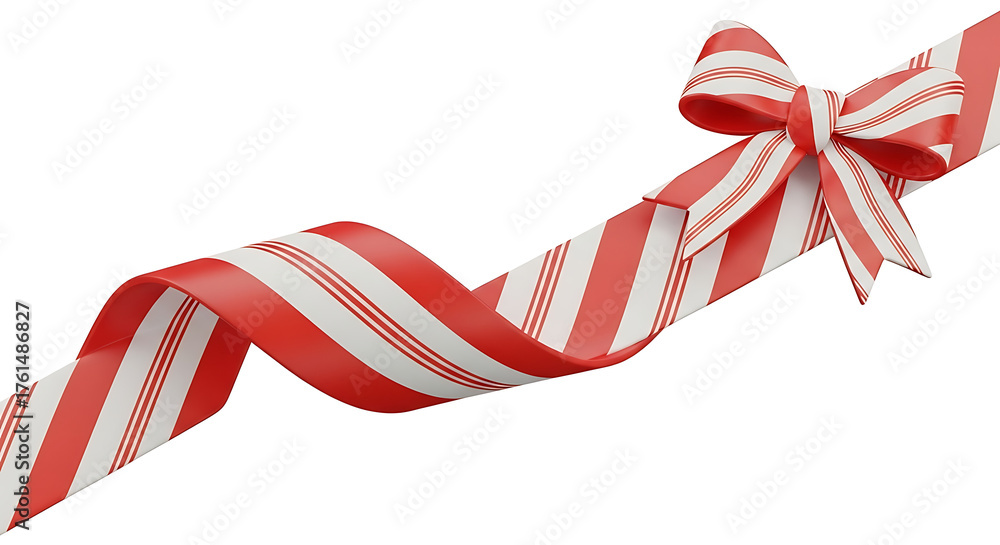 Obraz premium Red and white striped ribbon with bow on white background