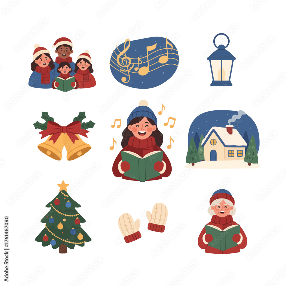 Fototapeta premium Festive Christmas Caroling Icon Set Featuring Singing Family, Bells, Tree, Lantern, and Snowy House