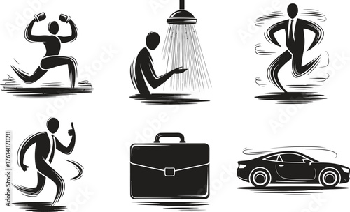 Business man daily routine icons showing work life balance and commute