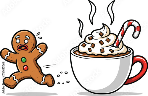 Funny gingerbread man running from hot chocolate cup, whipped cream cocoa drink cartoon, holiday Christmas dessert illustration vector art