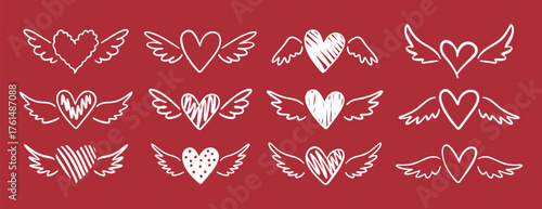 Heart with angel wings doodle hand drawn icon set. Outline drawing line clipart symbol collection