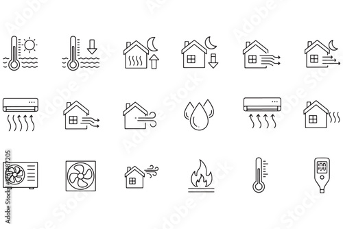 Collection of air conditioning icons isolated on white background, representing temperature control, humidity, and ventilation for climate control designs vector illustration