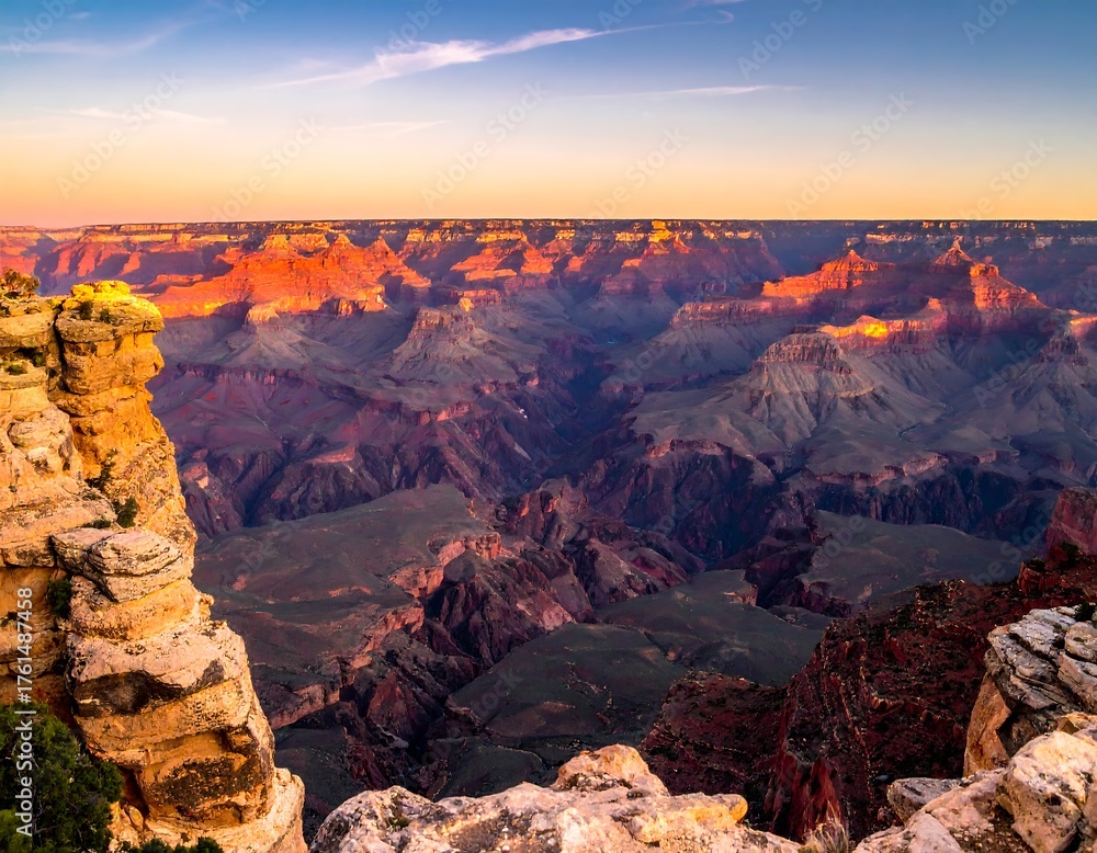 Obraz premium Expansive desert vista at sunrise, showcasing layered sandstone cliffs and deep canyons under a gradient sky