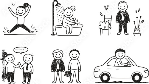 Collection of simple hand drawn sketches depicting everyday life activities