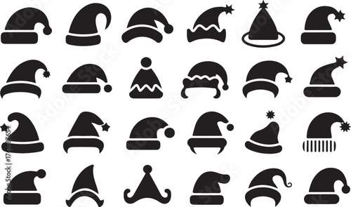 Santa Claus hat Christmas, decorative decorations of New Year's headdresses, black silhouette on a transparent background vector set for stencil