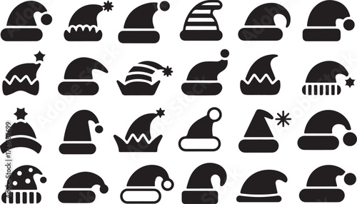 Santa Claus hat Christmas, decorative decorations of New Year's headdresses, black silhouette on a transparent background vector set for stencil