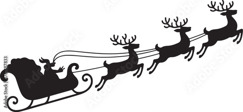 Santa Claus is flying in sleigh with Christmas reindeer silhouette