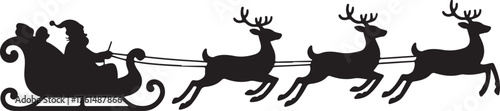 Santa Claus is flying in sleigh with Christmas reindeer silhouette